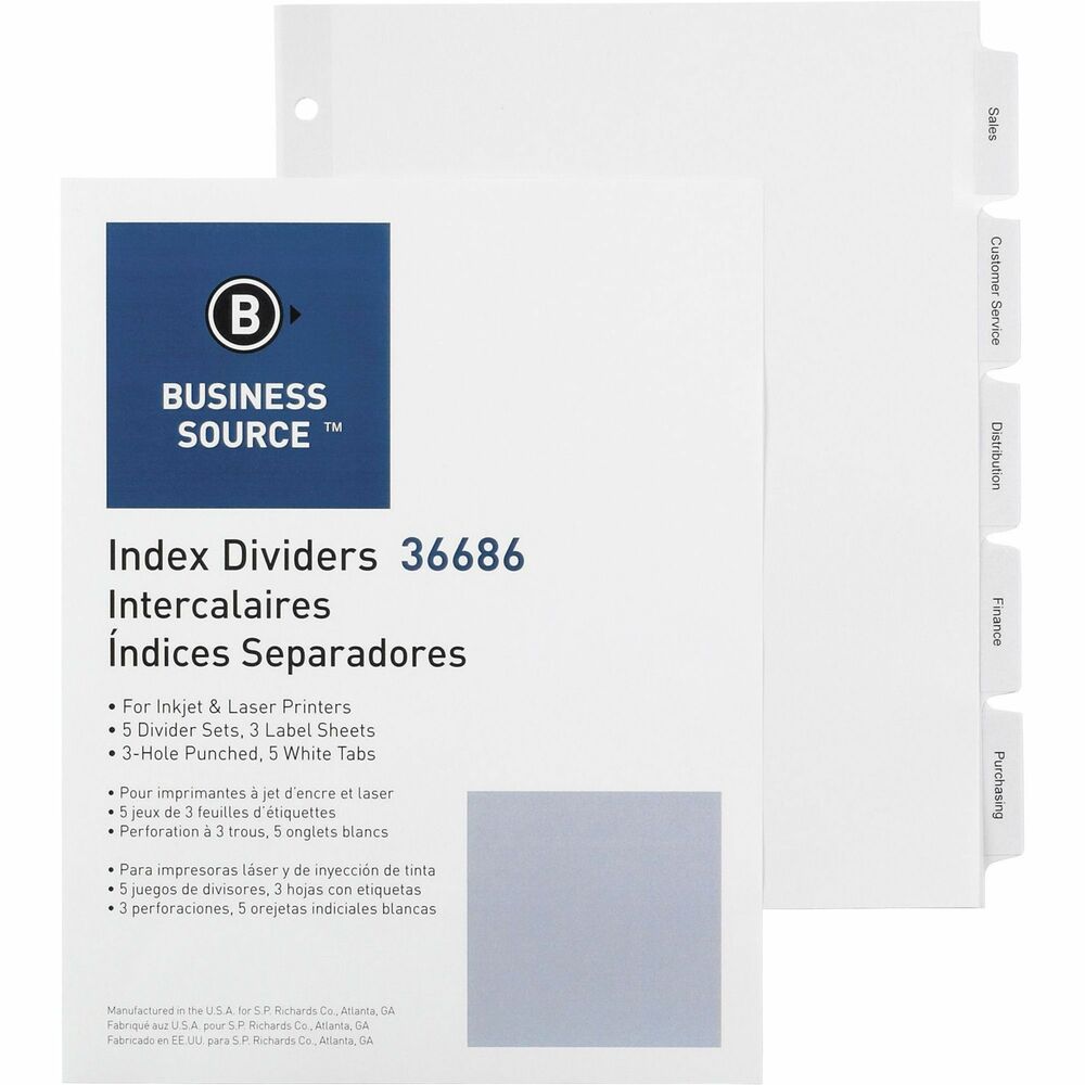 Image of Business Source Index Dividers, 3HP, 5-Tab, 5 ST/PK, 11"x8-1/2", White