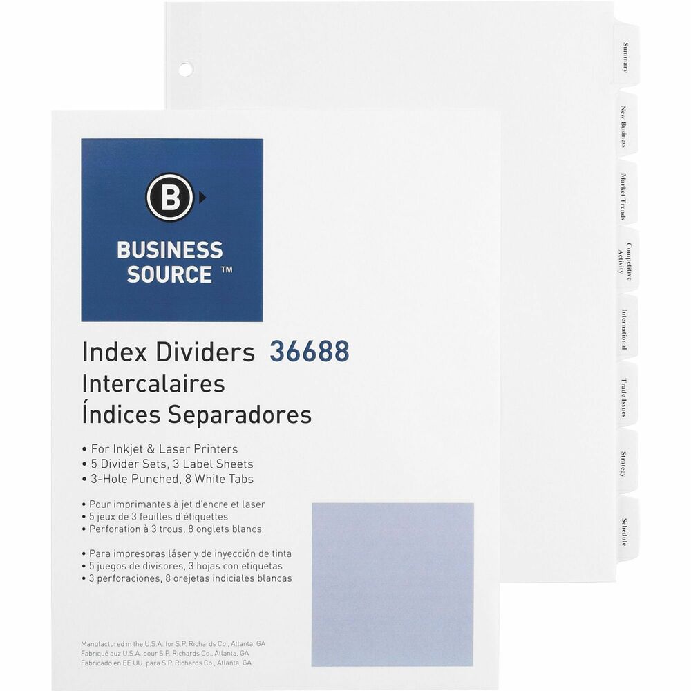 Image of Business Source Index Dividers, 3HP, 8-Tab, 5 ST/PK, 11"x8-1/2", White
