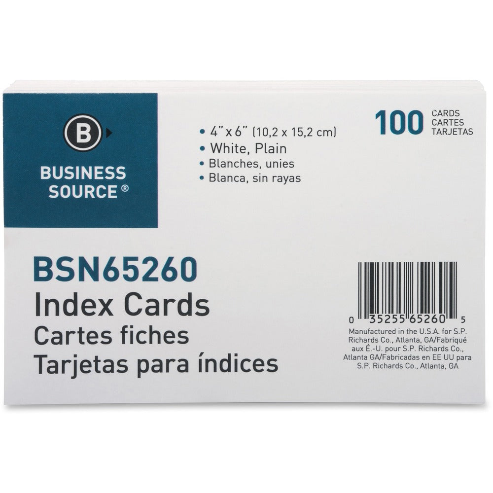 Image of Business Source Index Cards, Plain, 90lb., 4"x6", 100/PK, White