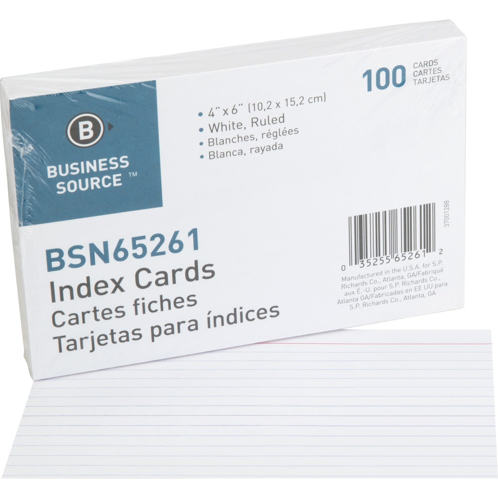 Image of Business Source Index Cards, Ruled, 72 lb., 4"x6", 100/PK, White