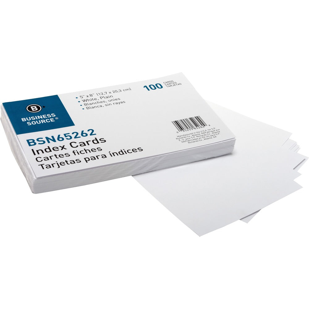 Image of Business Source Index Cards, Plain, 90lb., 5"x8", 100/PK, White