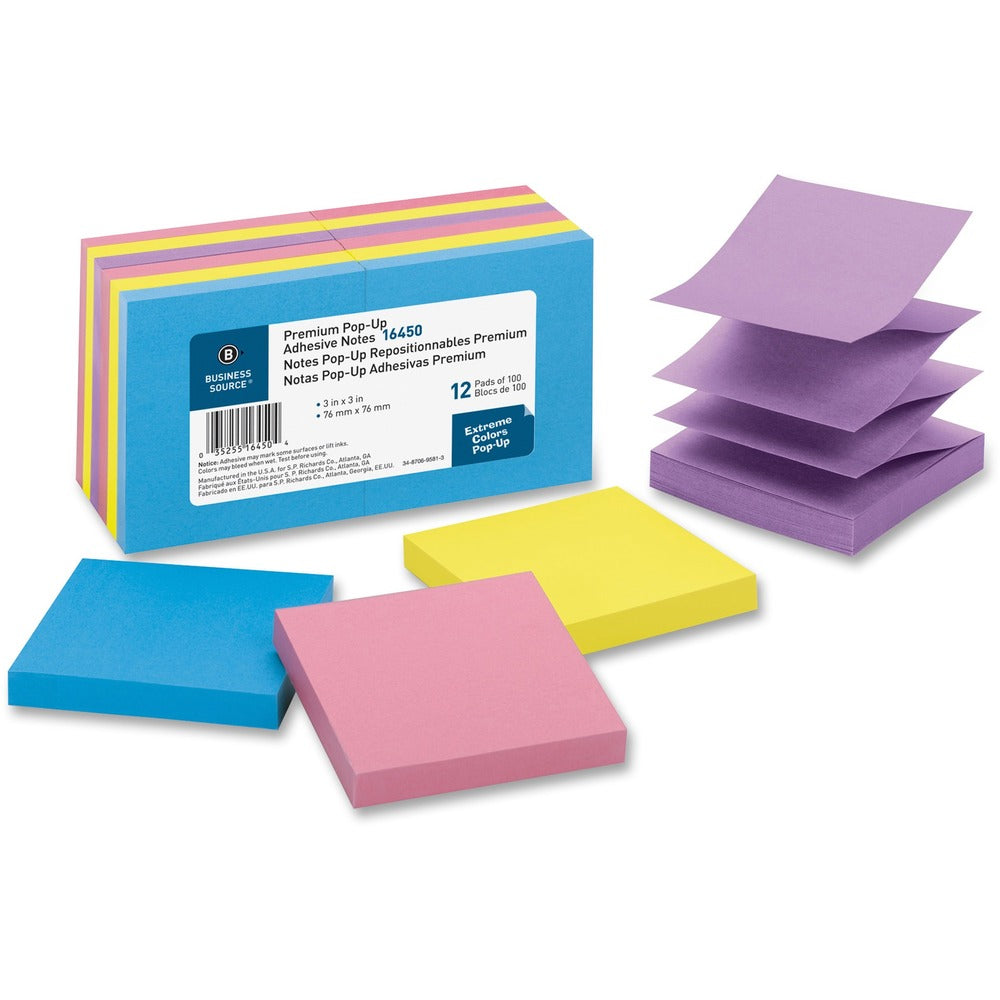 Image of Business Source Pop-up Adhesive Note Pads,3"x3",100 Sh,12/PK, AST Extreme