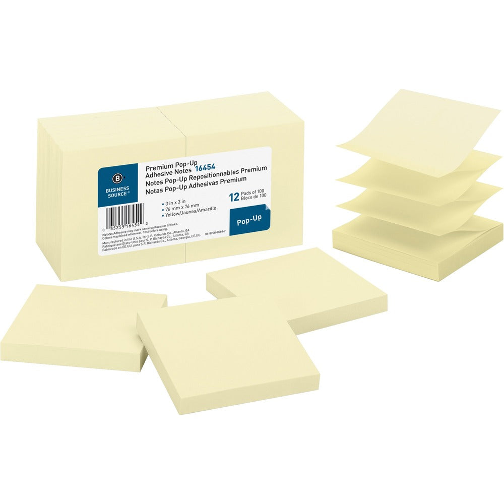Image of Business Source Pop-up Adhesive Note Pads,3"x3",100 Sh,12/PK, Yellow