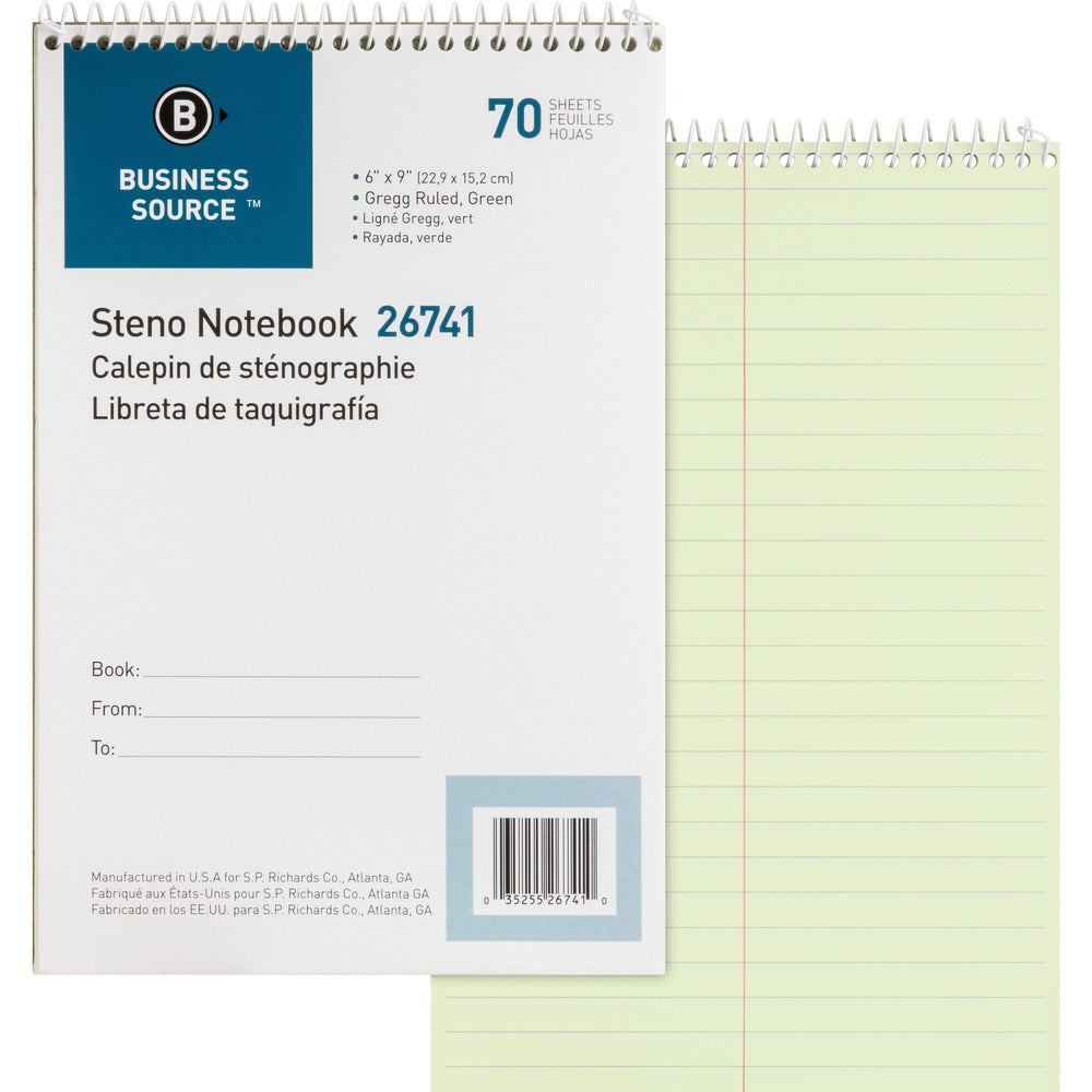 Image of Business Source Steno Notebook,Gregg Ruled,6"x9",70 Sheets,Green Paper