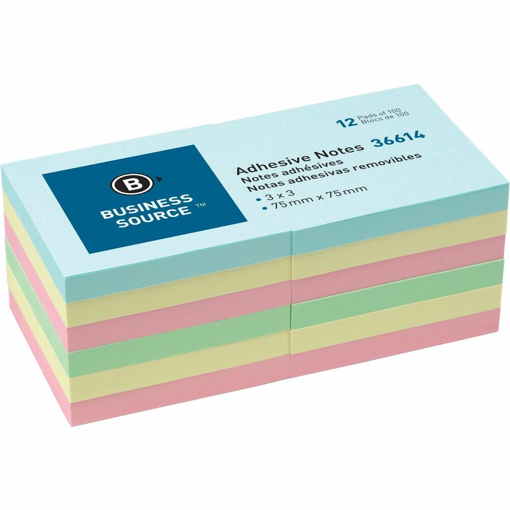 Image of Business Source Adhesives Notes,Plain,3"x3",100 Sheets/PD,12/PK, AST Pastel