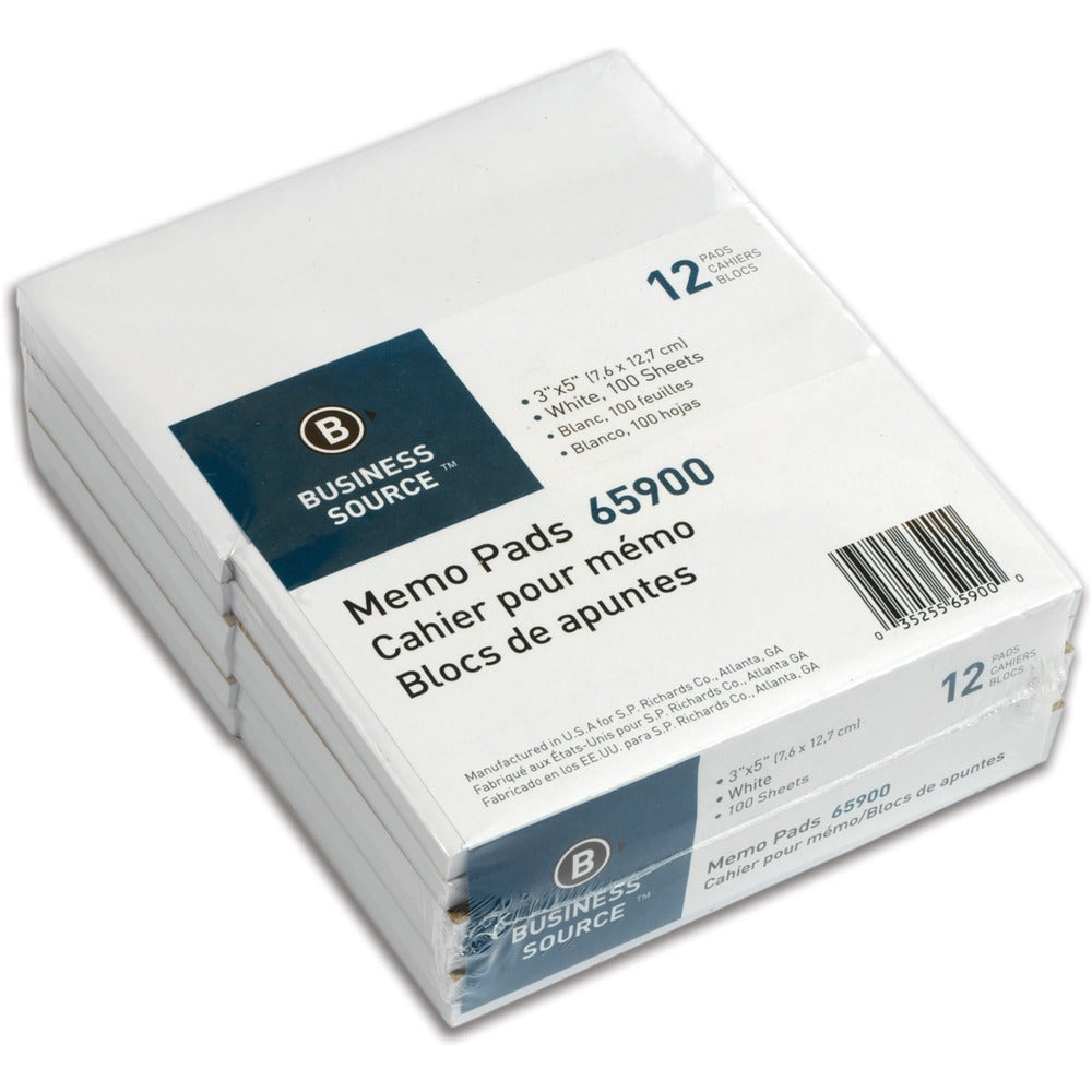 Image of Business Source Memo Pads, Unruled, 15lb., 3"x5", 100 Sheets, 1 DZ, WE