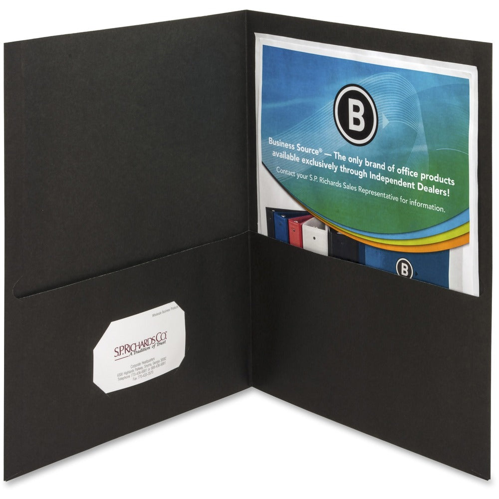 Image of Business Source 2-Pocket Folders, 100 Sht Cap, Letter, 12"x9", 25/BX, BLK