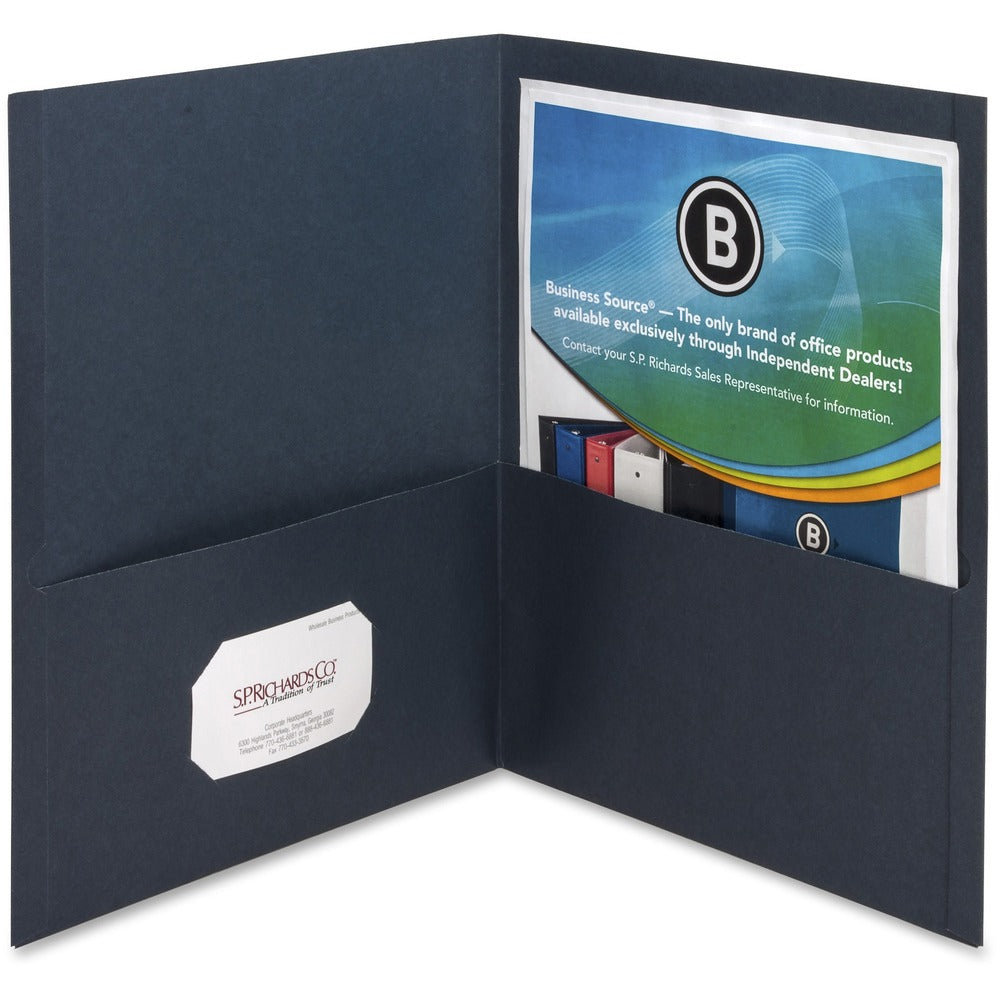 Image of Business Source 2-Pocket Folders, 100 Sht Cap, Letter, 12"x9", 25/BX, D.BLUE