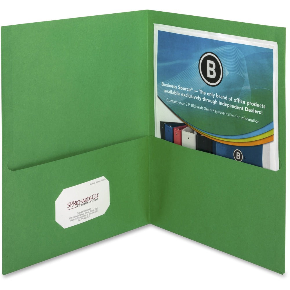 Image of Business Source 2-Pocket Folders, 100 Sht Cap, Letter, 12"x9", 25/BX, GREEN