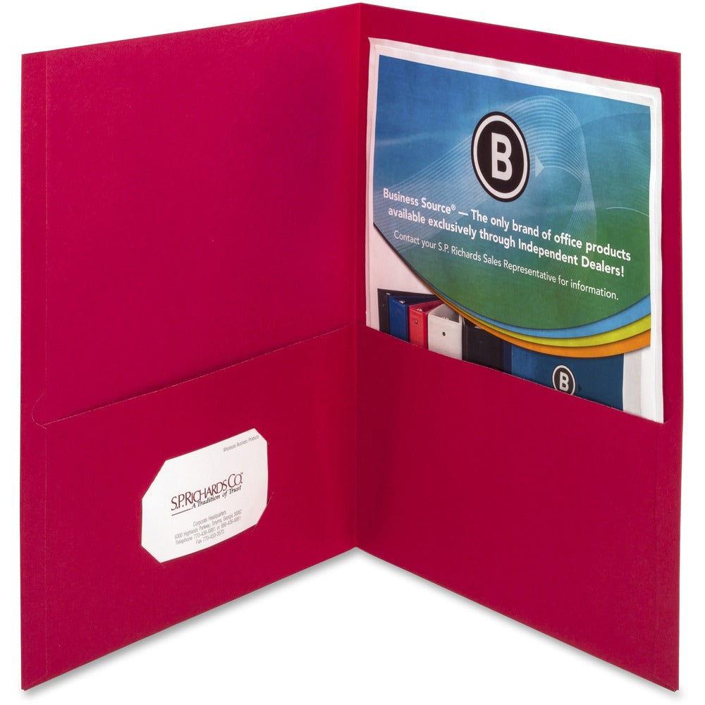 Image of Business Source 2-Pocket Folders, 100 Sht Cap, Letter, 12"x9", 25/BX, RED