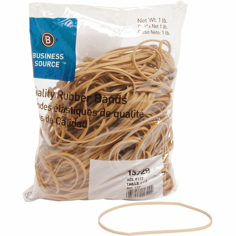 Image of Business Source Rubber Bands,Size 117B,1 lb. 200/Bag,7"x1/8",Natural Crepe