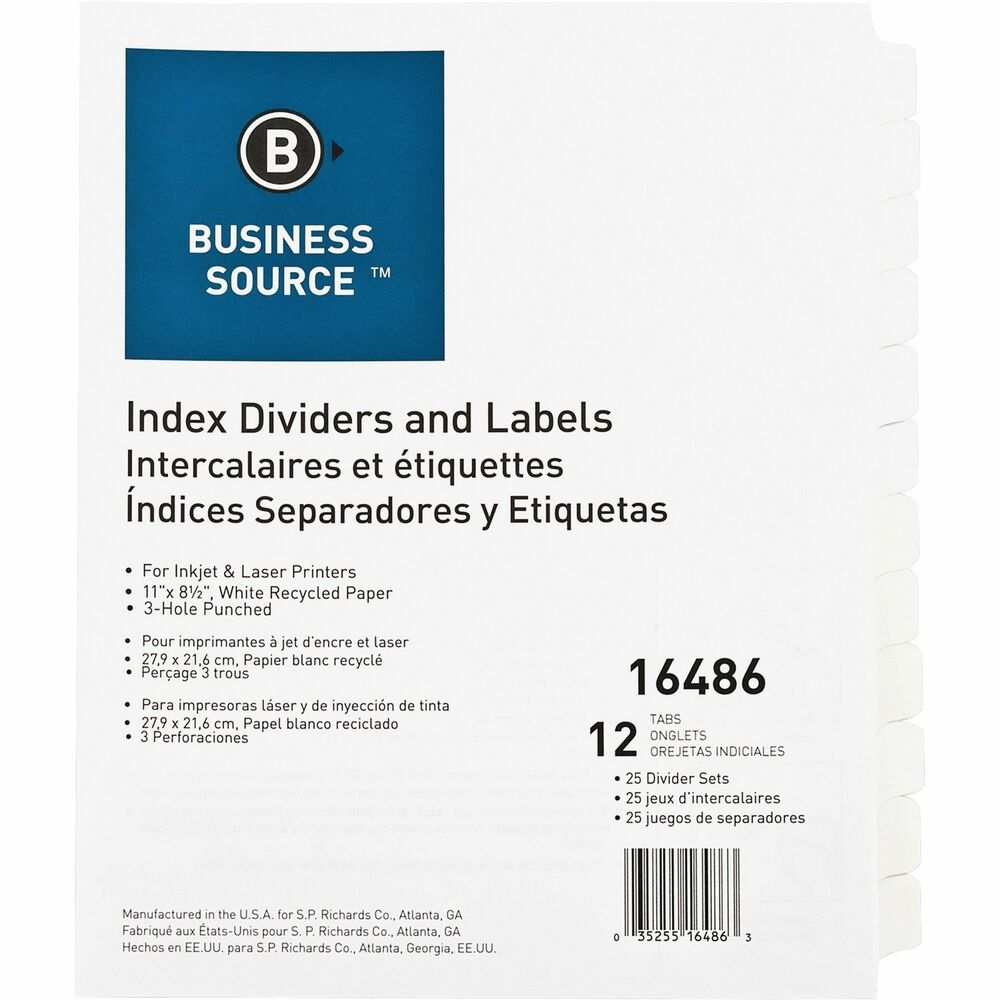 Image of Business Source Index Dividers, 3HP, 12-Tab, 25 Sets/BX, 8-1/2"x11", WE