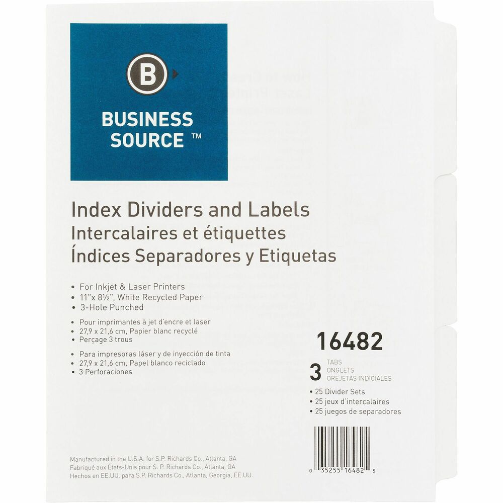 Image of Business Source Index Dividers, 3HP, 3-Tab, 25 Sets/BX, 8-1/2"x11", WE