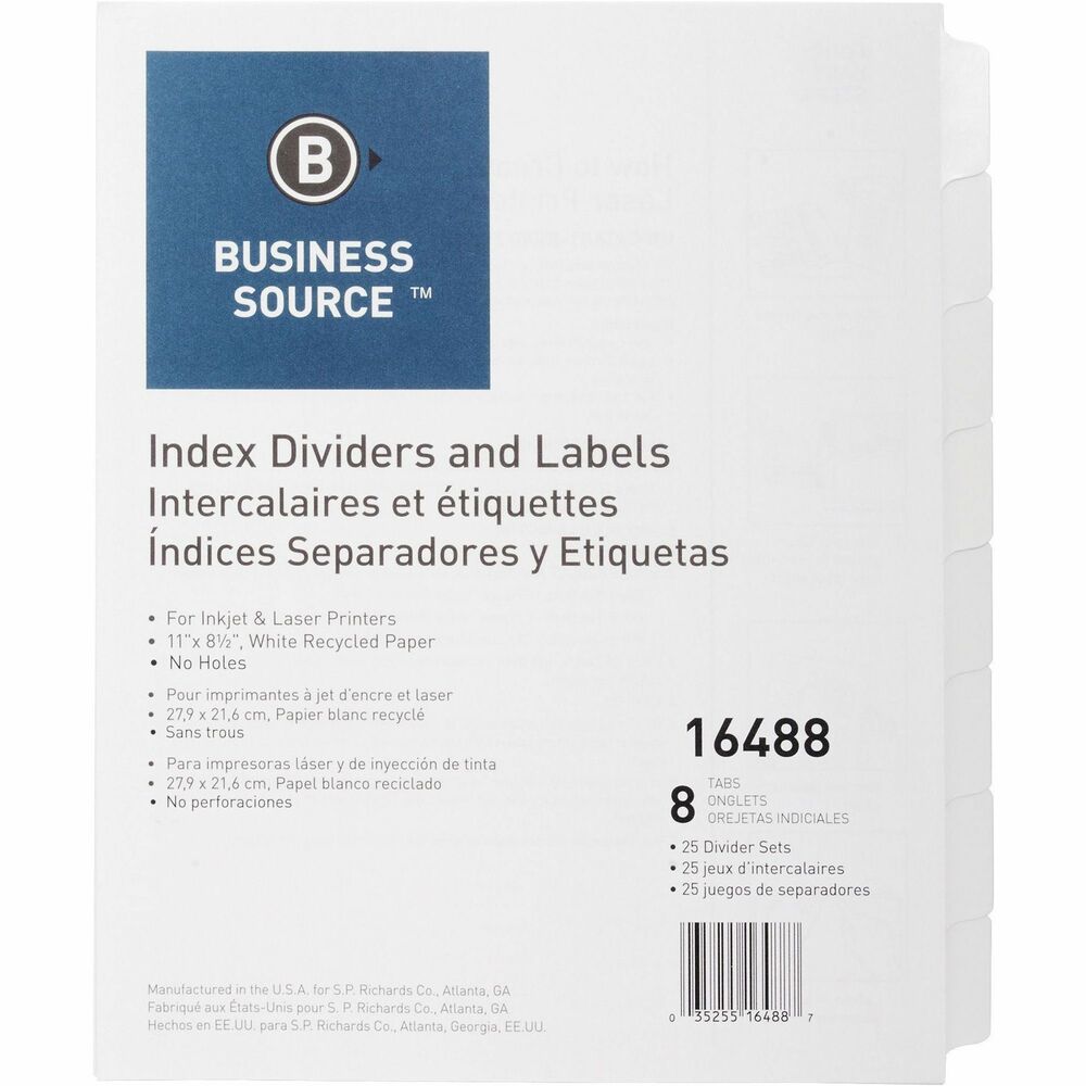 Image of Business Source Index Dividers, Unpunched, 8-Tab, 25 Sets/BX, White
