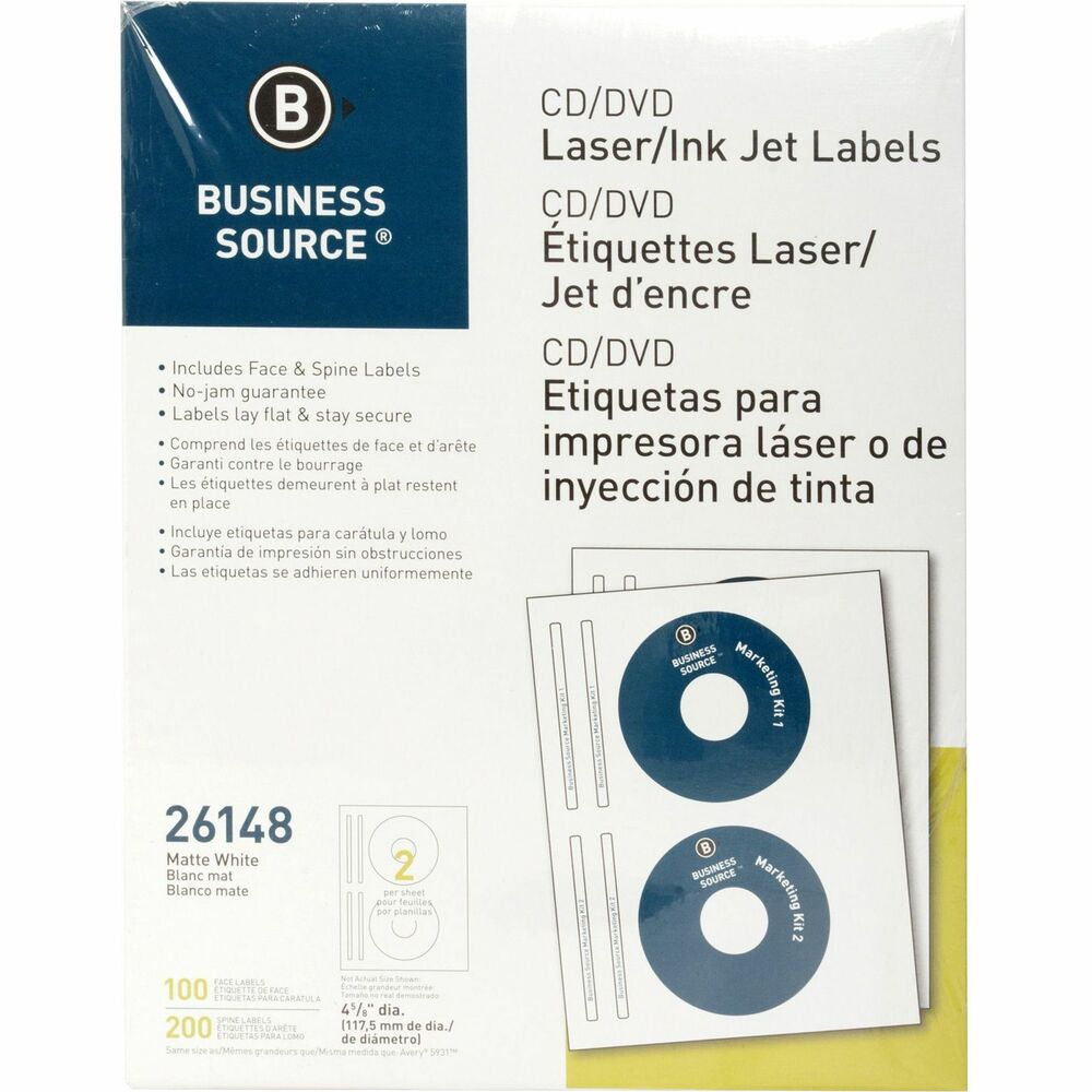 Image of Business Source CD/DVD Labels, Laser/Inkjet, 100/PK, White
