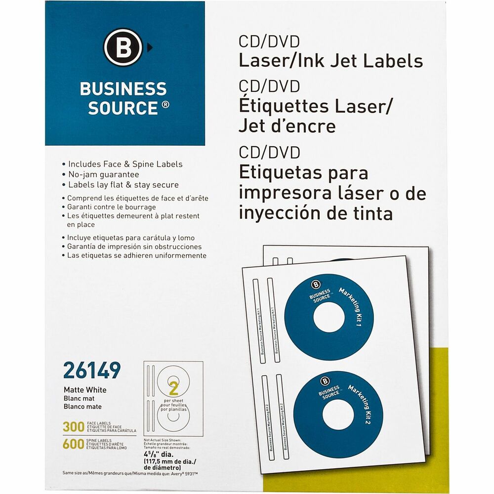 Image of Business Source CD/DVD Labels, Laser/inkjet, 300/PK, White