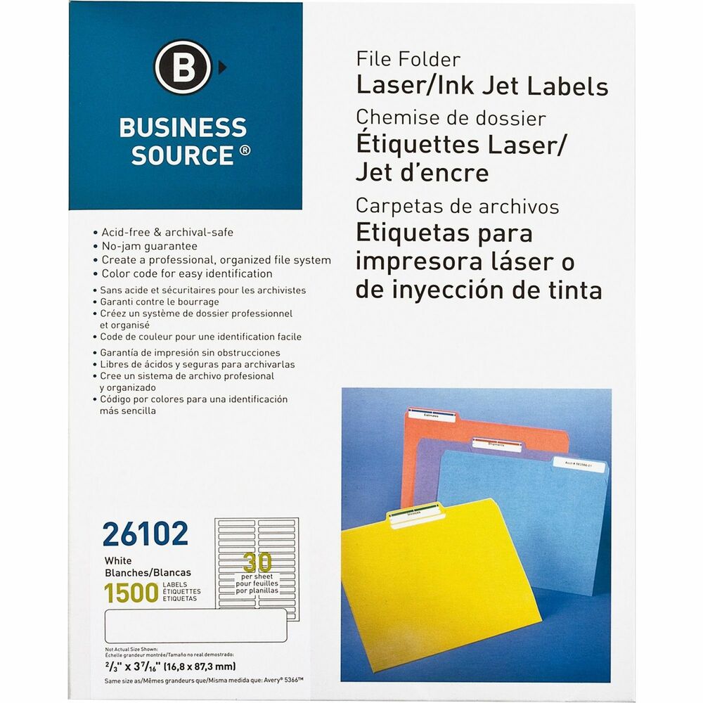 Image of Business Source File Folder Labels,Laser/Inkjet,2/3"x3-7/16",1500/PK,White