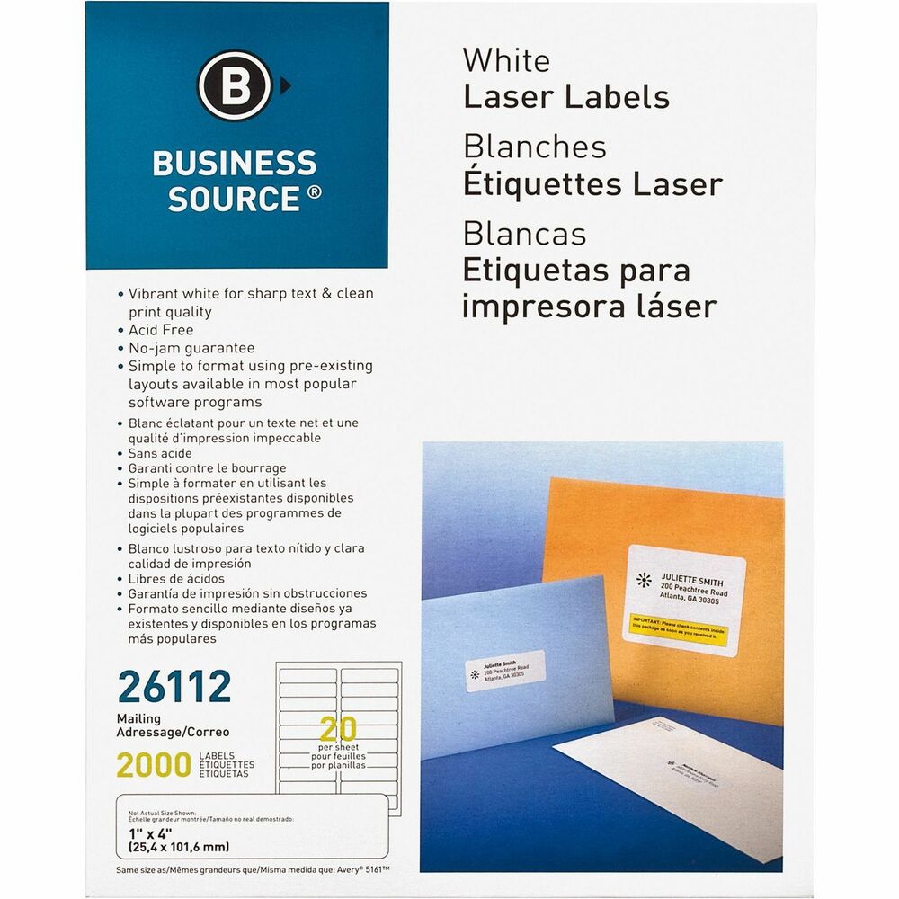 Image of Business Source Mailing Labels, Laser/Inkjet, 1"x4", 2000/PK, White