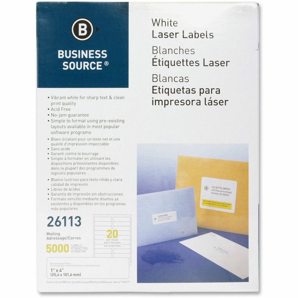 Image of Business Source Mailing Labels, Laser/Inkjet, 1"x4", 5000/PK, White