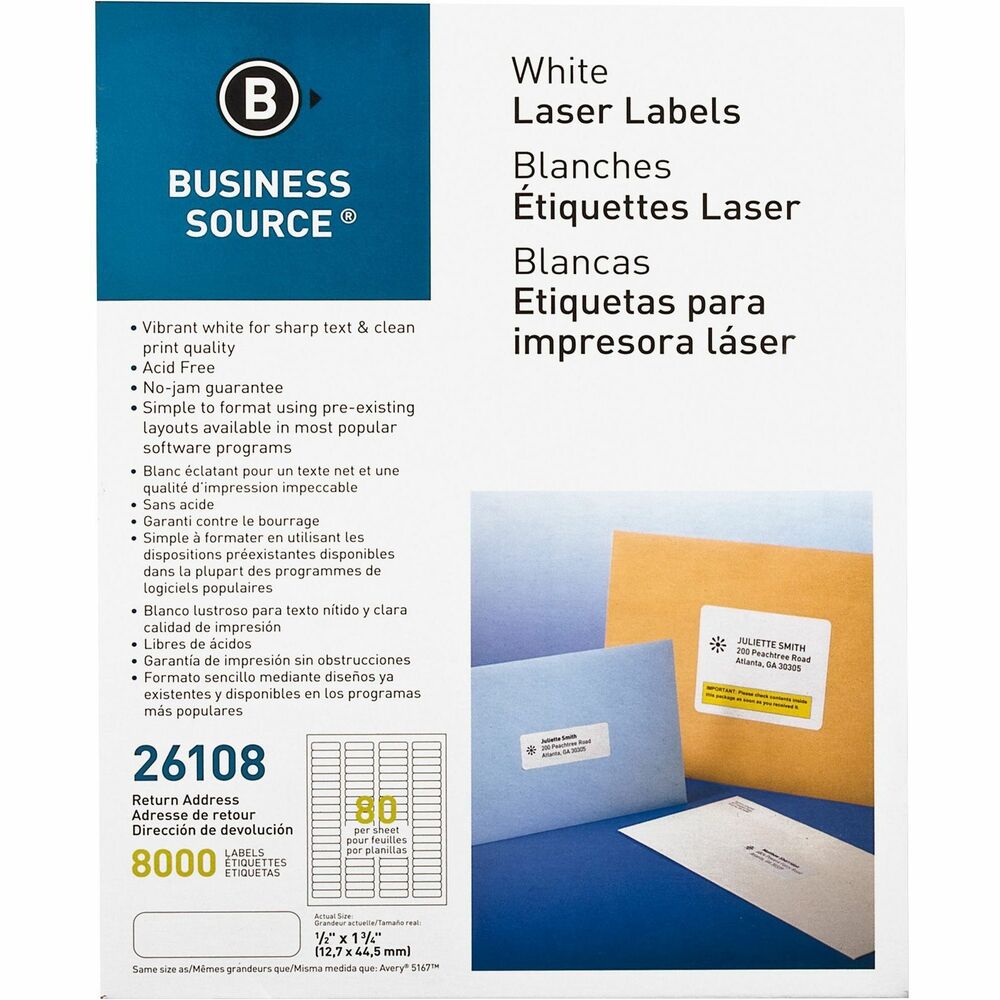 Image of Business Source Mailing Labels,Return Address,1/2"x1-3/4",8000/PK,WE