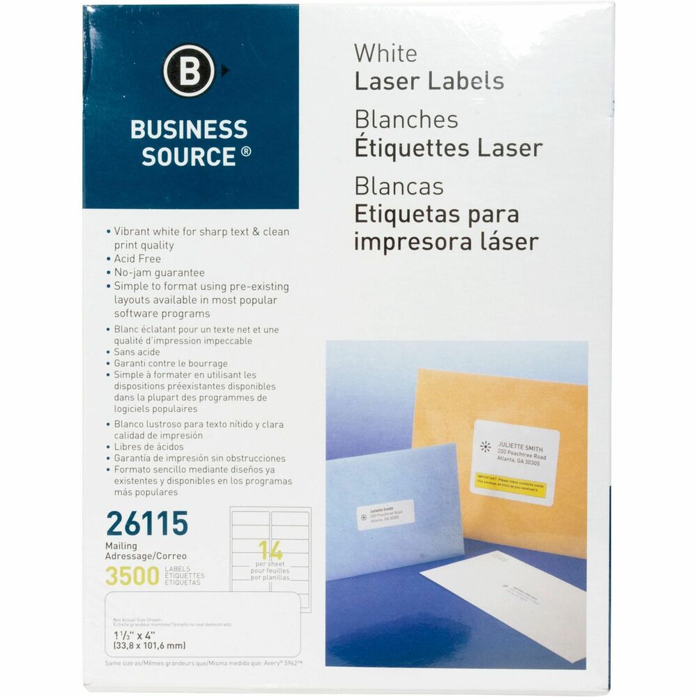 Image of Business Source Mailing Labels, Laser/Inkjet, 1-1/3"x4", 3500/PK, White