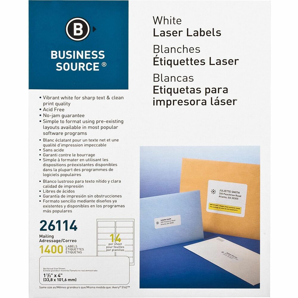 Image of Business Source Mailing Labels, Laser/Inkjet, 1-1/3"x4", 1400/PK, White