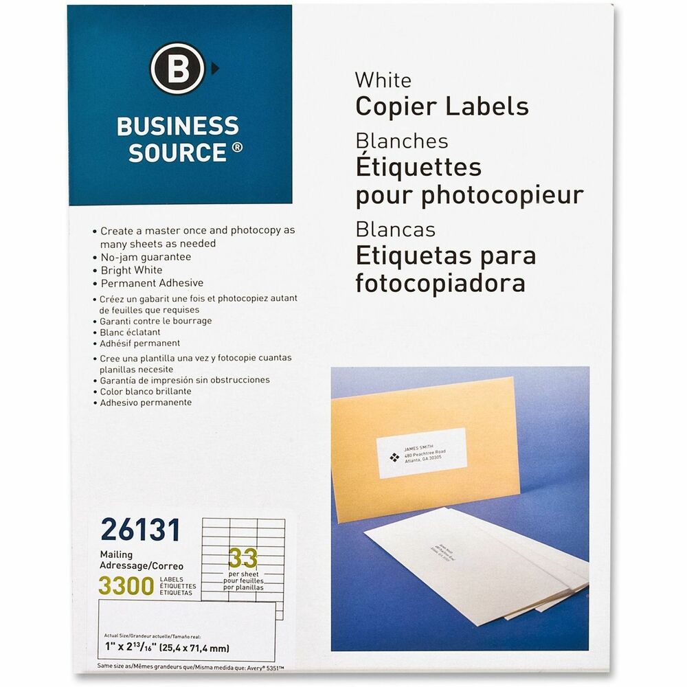Image of Business Source Mailing Labels, 1"x2-3/4", 3300/PK, White