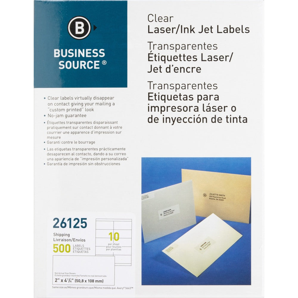 Image of Business Source Shipping Labels, Laser, Permanent, 2"x4-1/4", 500/PK, Clear