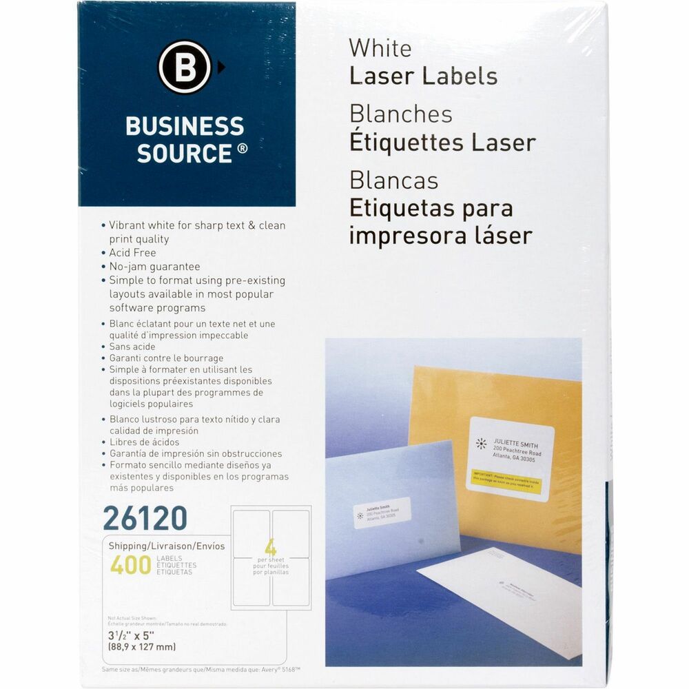 Image of Business Source Mailing Labels,Shipping,Laser/Inket,3-1/2"x5",400/PK,White