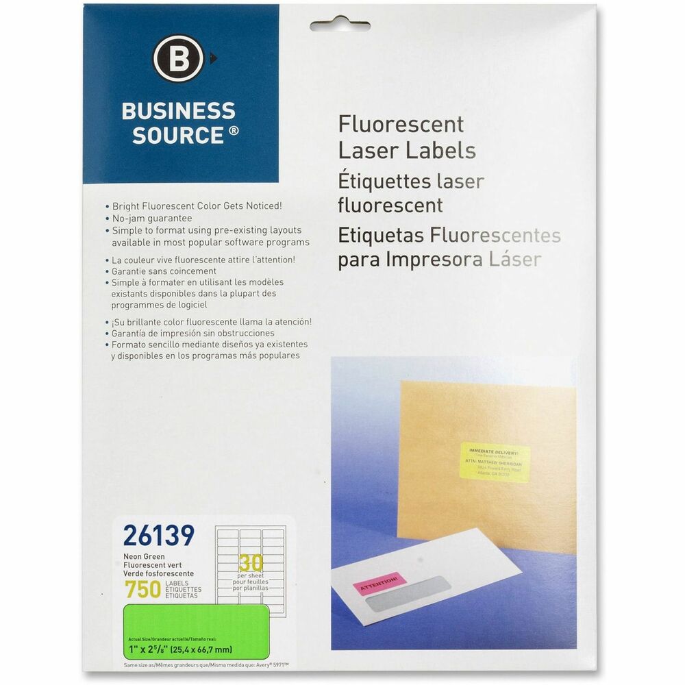 Image of Business Source Laser Labels, Fluorescent, 1"x2-5/8", 750/PK, Neon Green