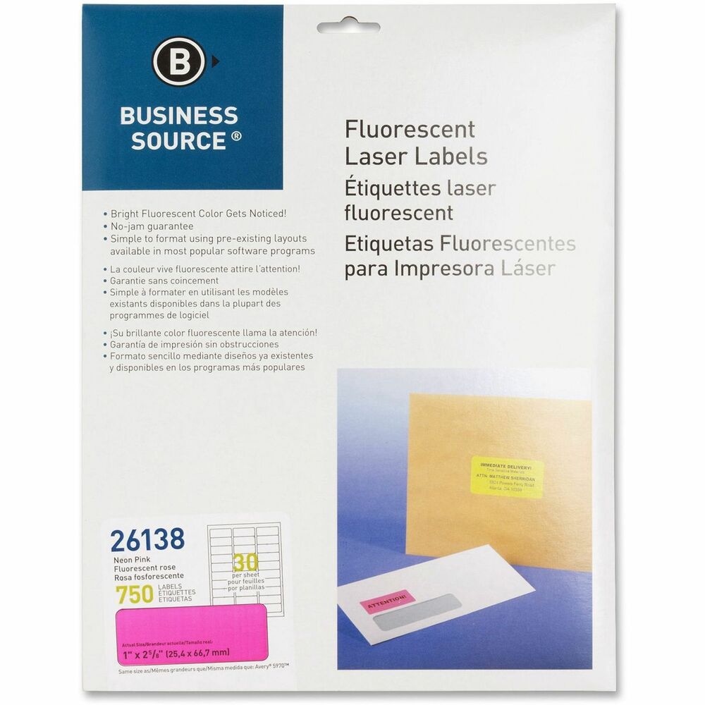 Image of Business Source Laser Labels, Fluorescent, 1"x2-5/8", 750/PK, Neon Pink
