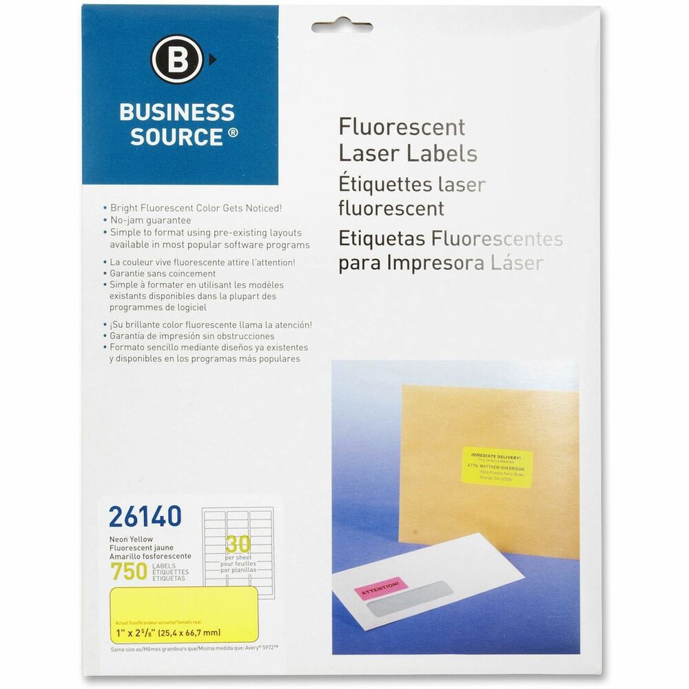 Image of Business Source Laser Labels, Fluorescent, 1"x2-5/8", 750/PK, Neon Yellow
