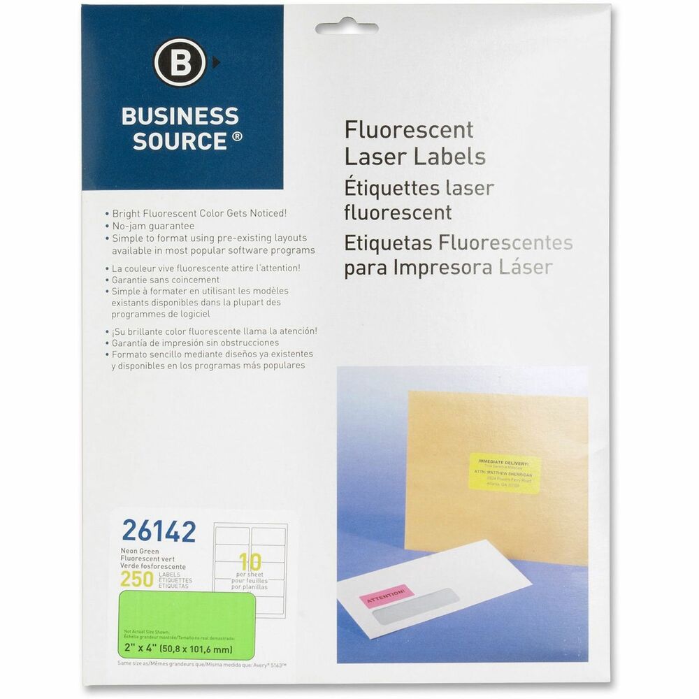 Image of Business Source Laser Labels, Fluorescent, 2"x4", 250/PK, Neon Green