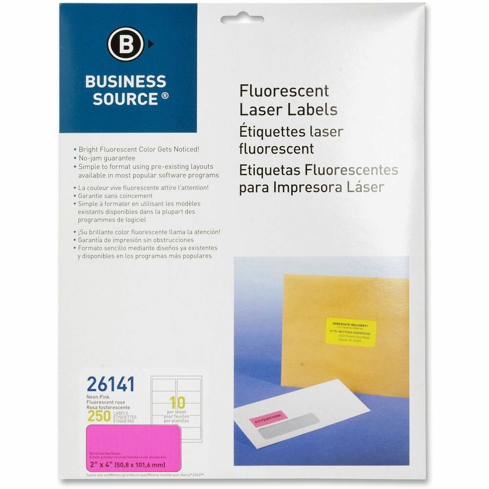 Image of Business Source Laser Labels, Fluorescent, 2"x4", 250/PK, Neon Pink