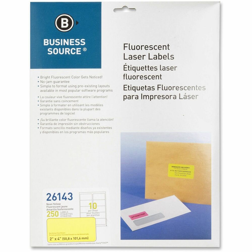 Image of Business Source Laser Labels, Fluorescent, 2"x4", 250/PK, Neon Yellow
