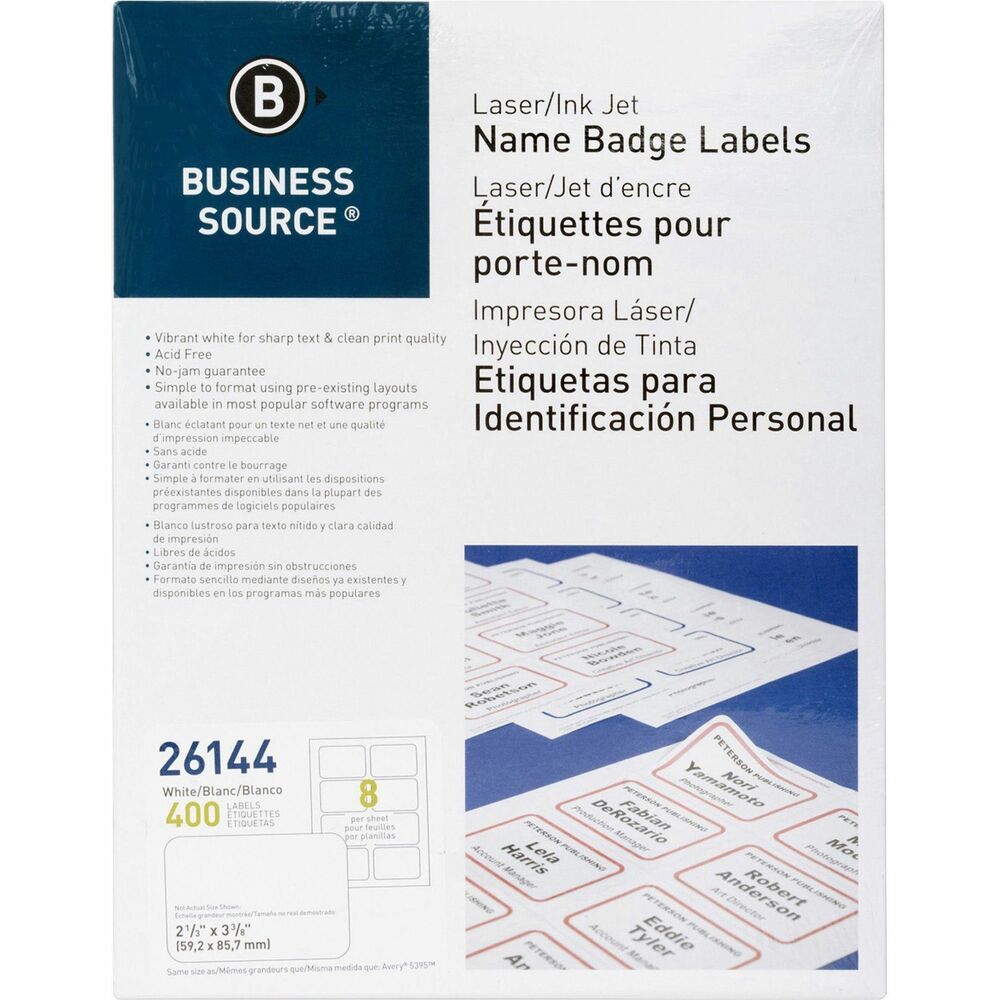 Image of Business Source Name Badge Labels, 2-1/3"x3-3/8", 400/PK, Plain White