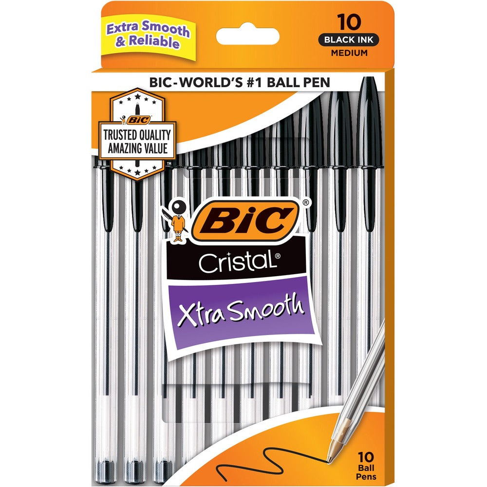 Image of Bic Stic Ballpoint Pen,Medium Point,10/PK,Black Ink/Clear Barrel