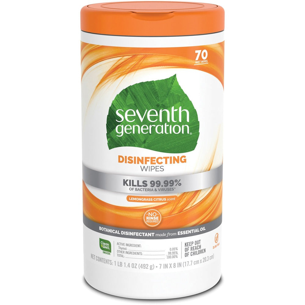 Image of Seventh Generation Disinfecting Wipes,Lemongrass Citrus,70/Tub