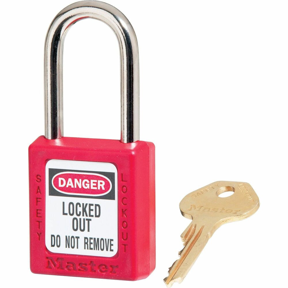 Image of Master Lock Company Safety Padlock, Labeled, 1/4"Dx1-1/2"H Shackle, Red