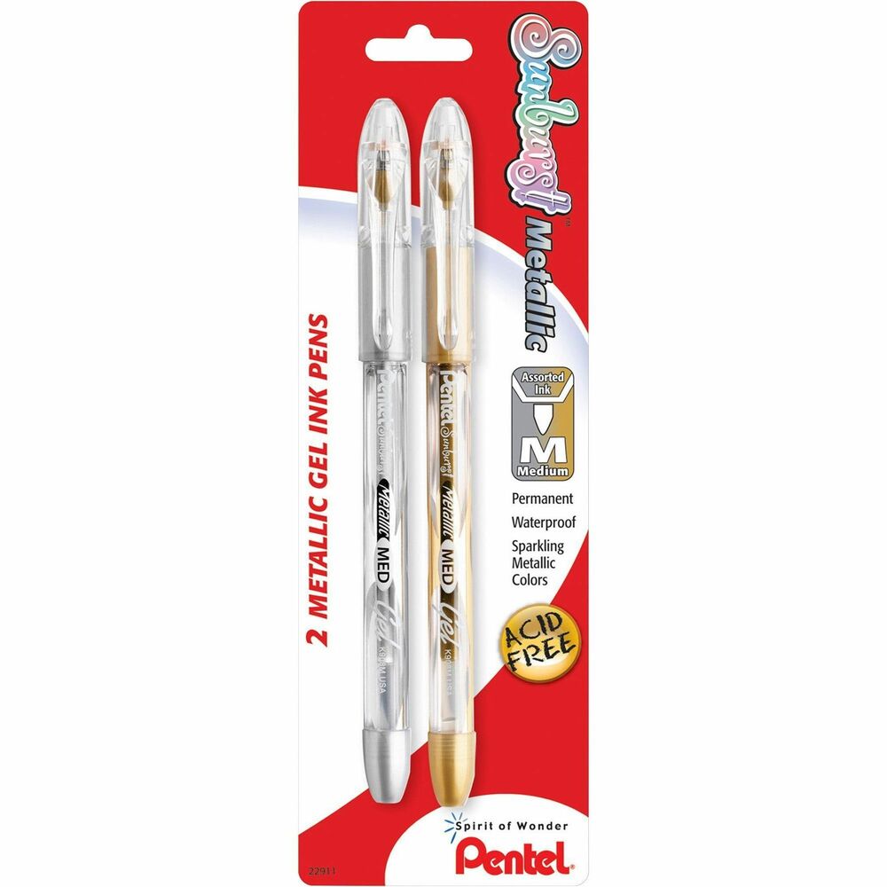 Image of Pentel Gel Ink Pen, Roller Ball, Med Point, 2/PK, Gold/Silver