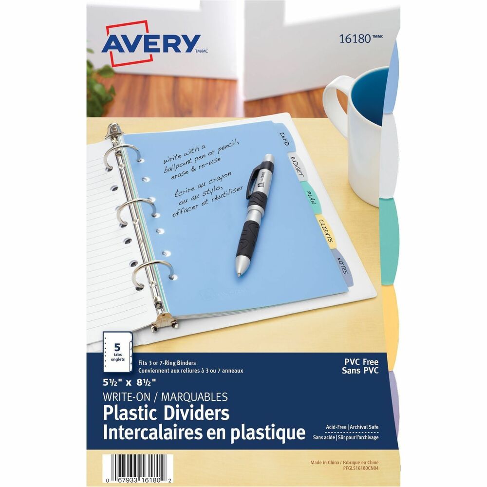 Image of Avery Write On Dividers,Plastic,5-Tabs,7HP,8-1/2"x5-1/2",AST