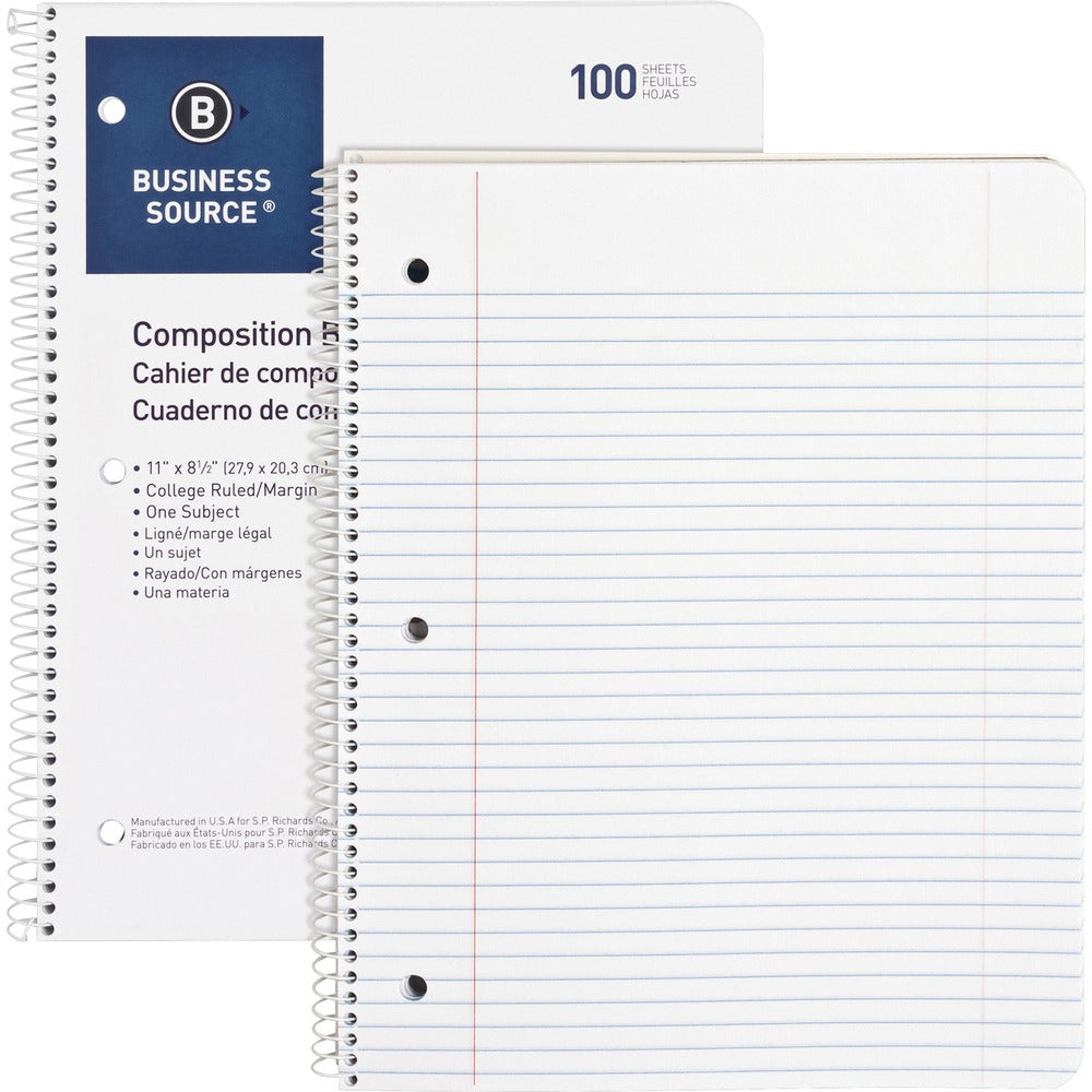 Image of Business Source Wirebound Notebooks,3-Hole,Colg Rule,8-1/2"x11",100Shts,WE
