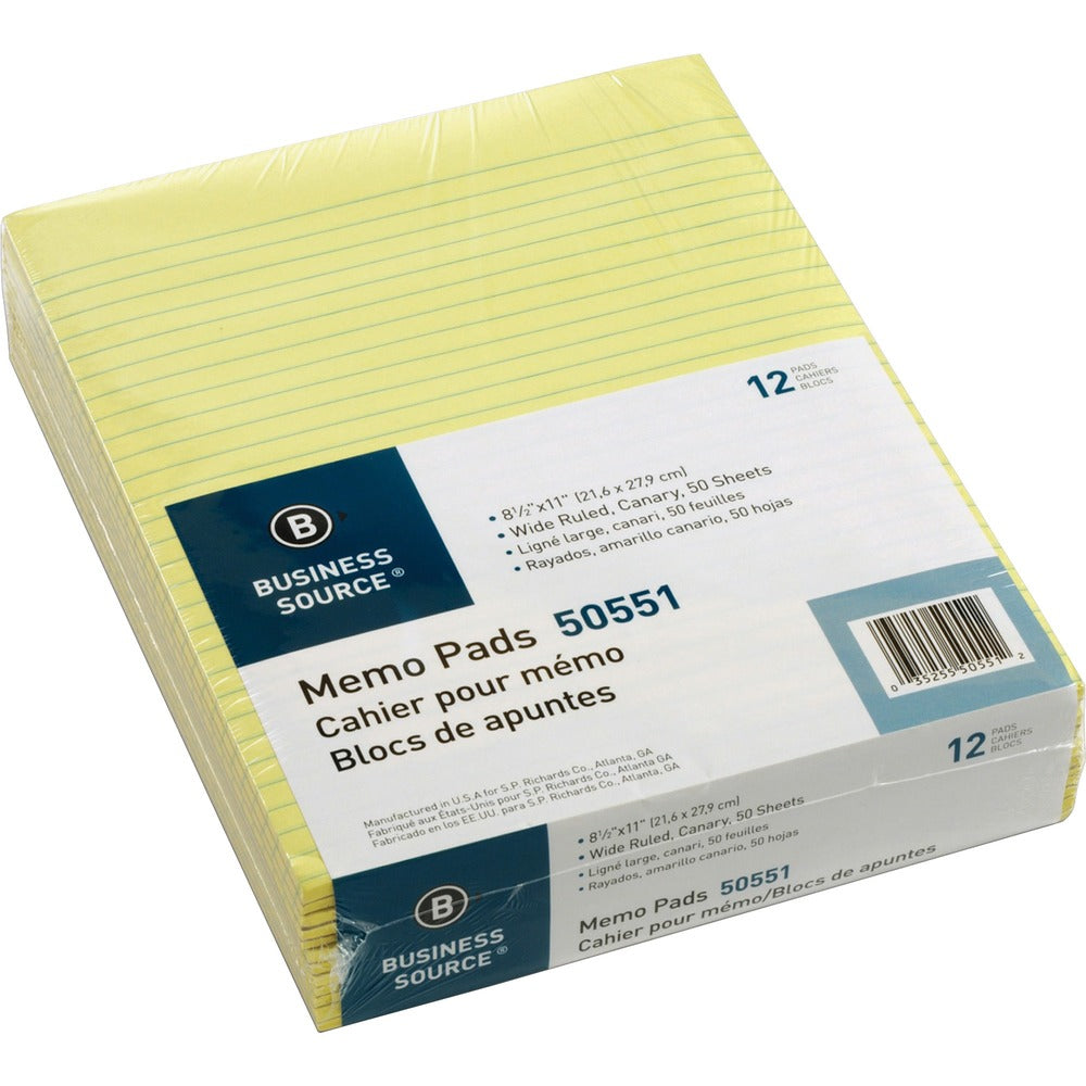 Image of Business Source Memorandum Pads,8-1/2"x11",Wide Ruled, 50Shts/PD, Canary