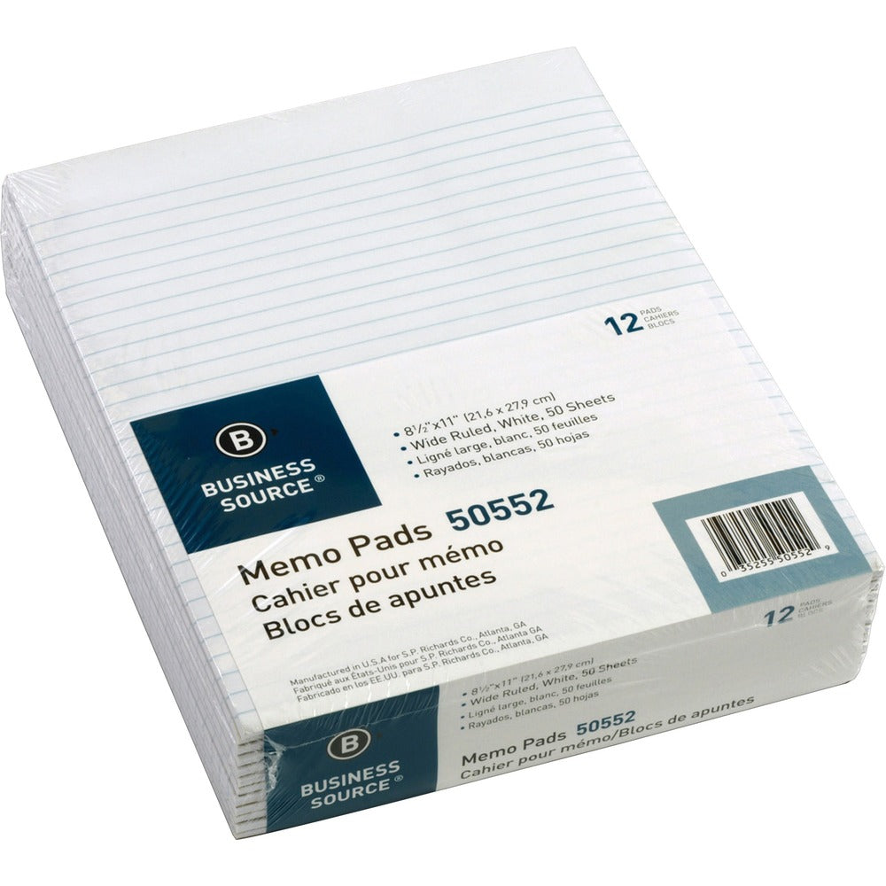Image of Business Source Memorandum Pads, 8-1/2"x11",Wide Ruled, 50Shts/PD, White