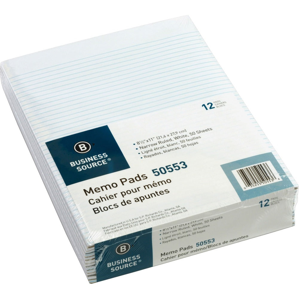 Image of Business Source Memorandum pads, 8-1/2"x11",Narrow Ruled, 50 Shts/PD, White