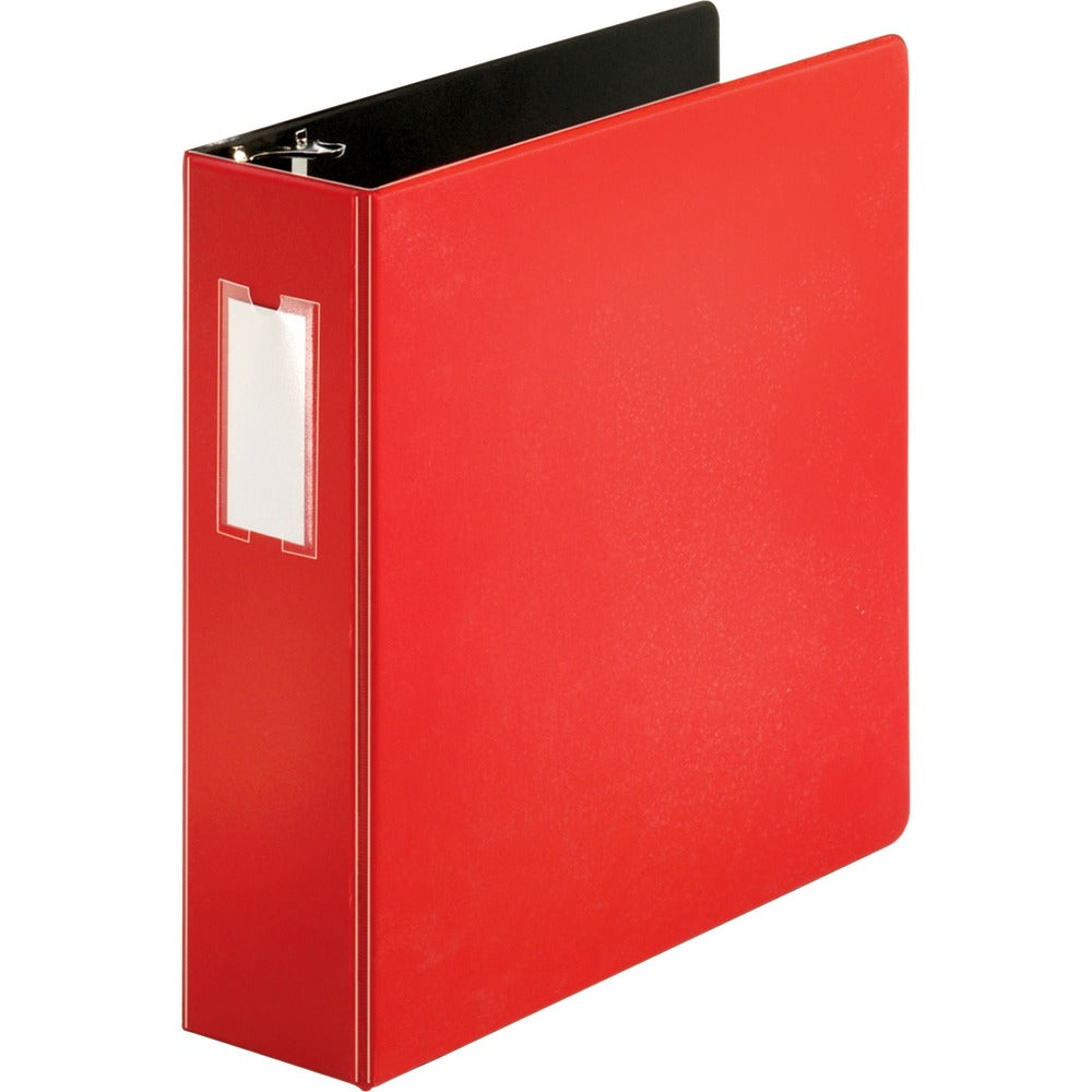 Image of Business Source D-Ring Binder w/Label Holder, Hvy-Dty, 3", Red
