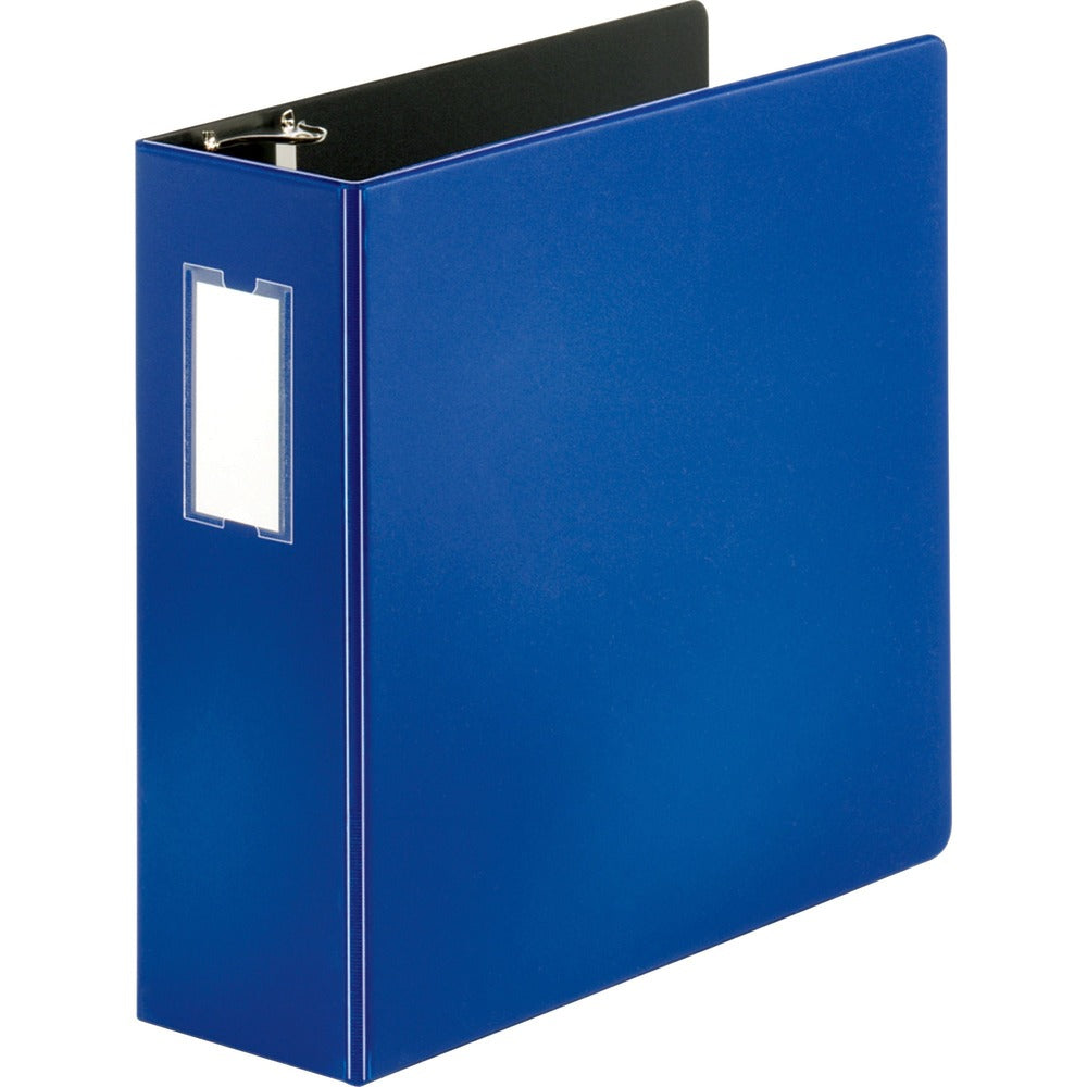 Image of Business Source D-Ring Binder w/Label Holder, Hvy-Dty, 4", Blue