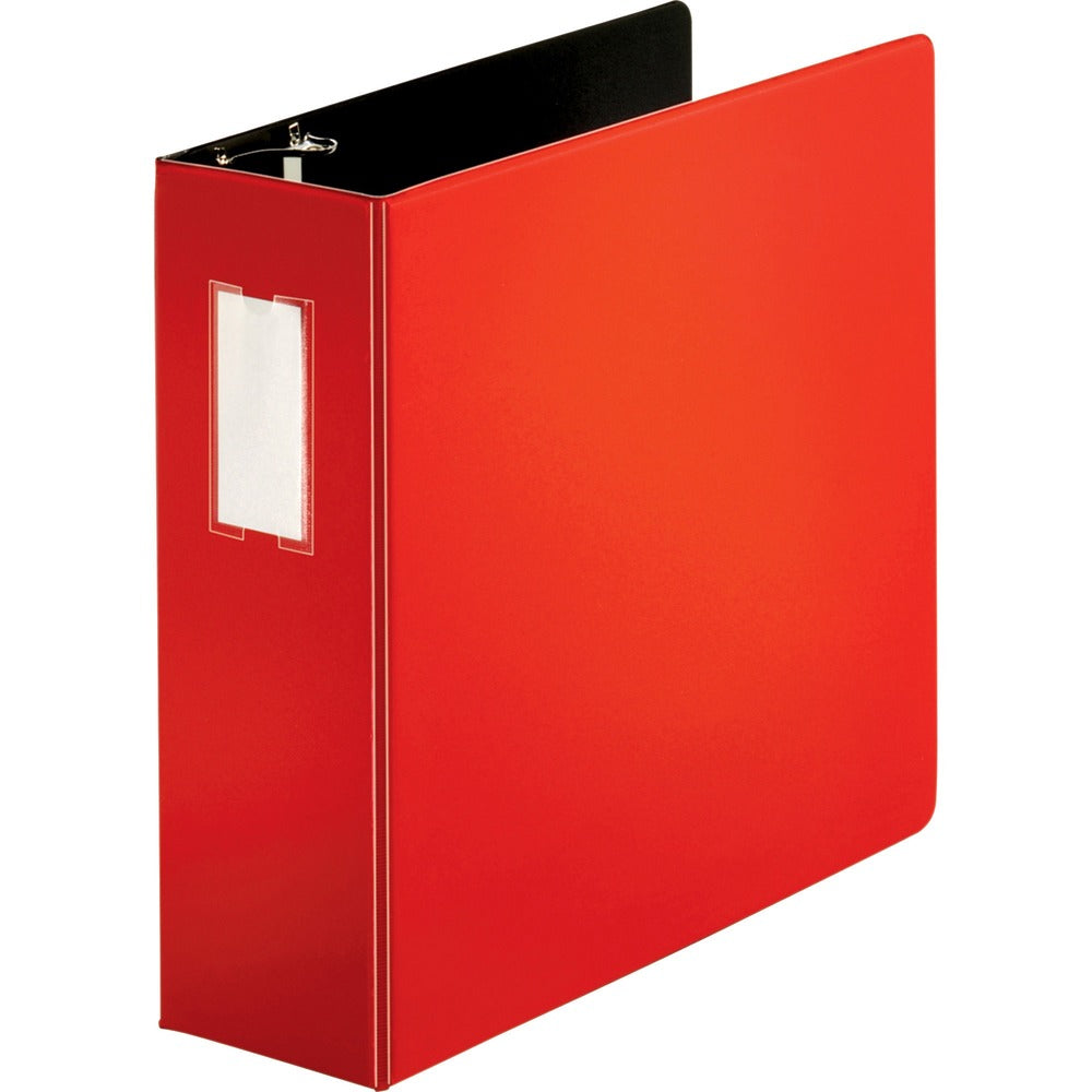 Image of Business Source D-Ring Binder w/Label Holder, Hvy-Dty, 4", Red