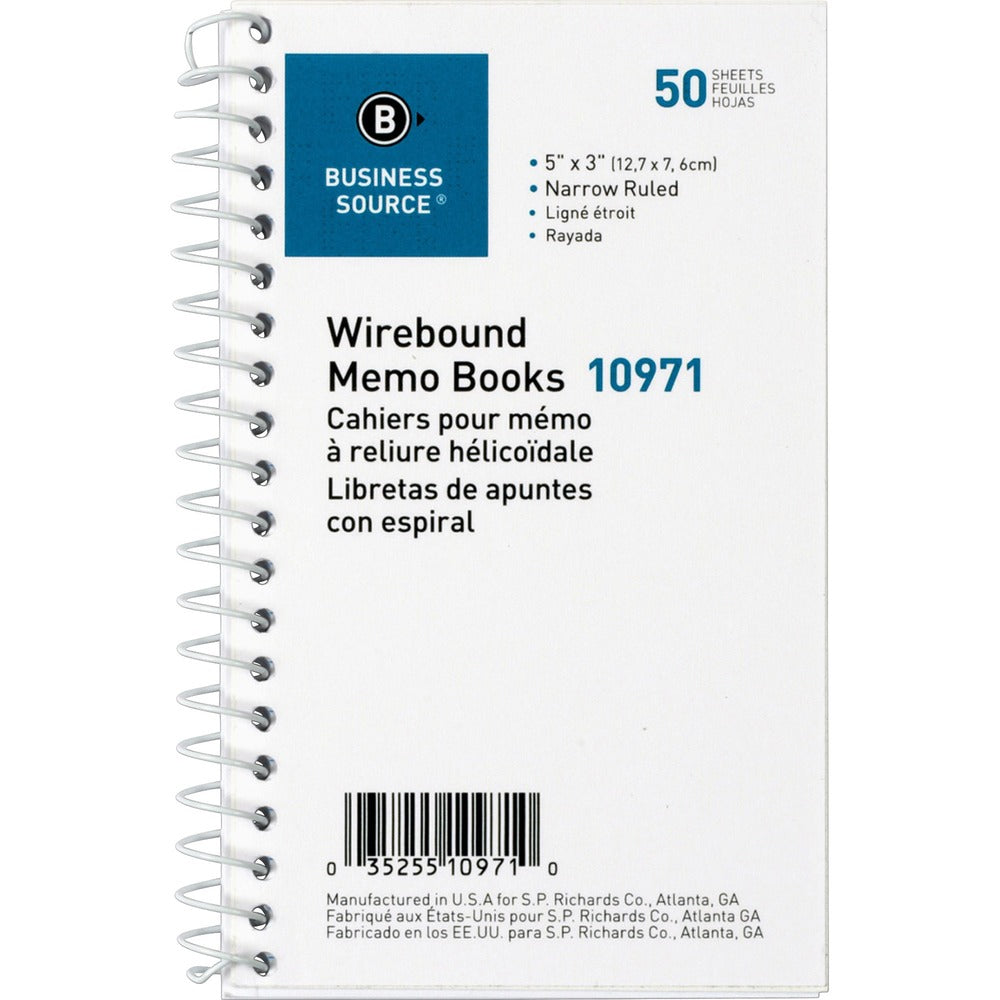 Image of Business Source Wirebound Memo Books, Narrow Ruled, 50 Shts, 5"x3", White