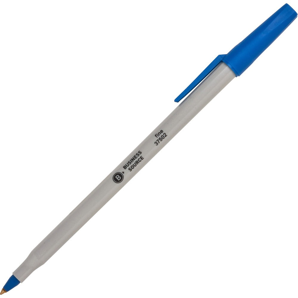 Image of Business Source Ballpoint Stick Pens, Fine Pt, Light Gray Barrel, Blue Ink